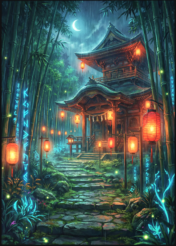 Mystical Japanese Temple in Forest — metal poster wall art by Lineer